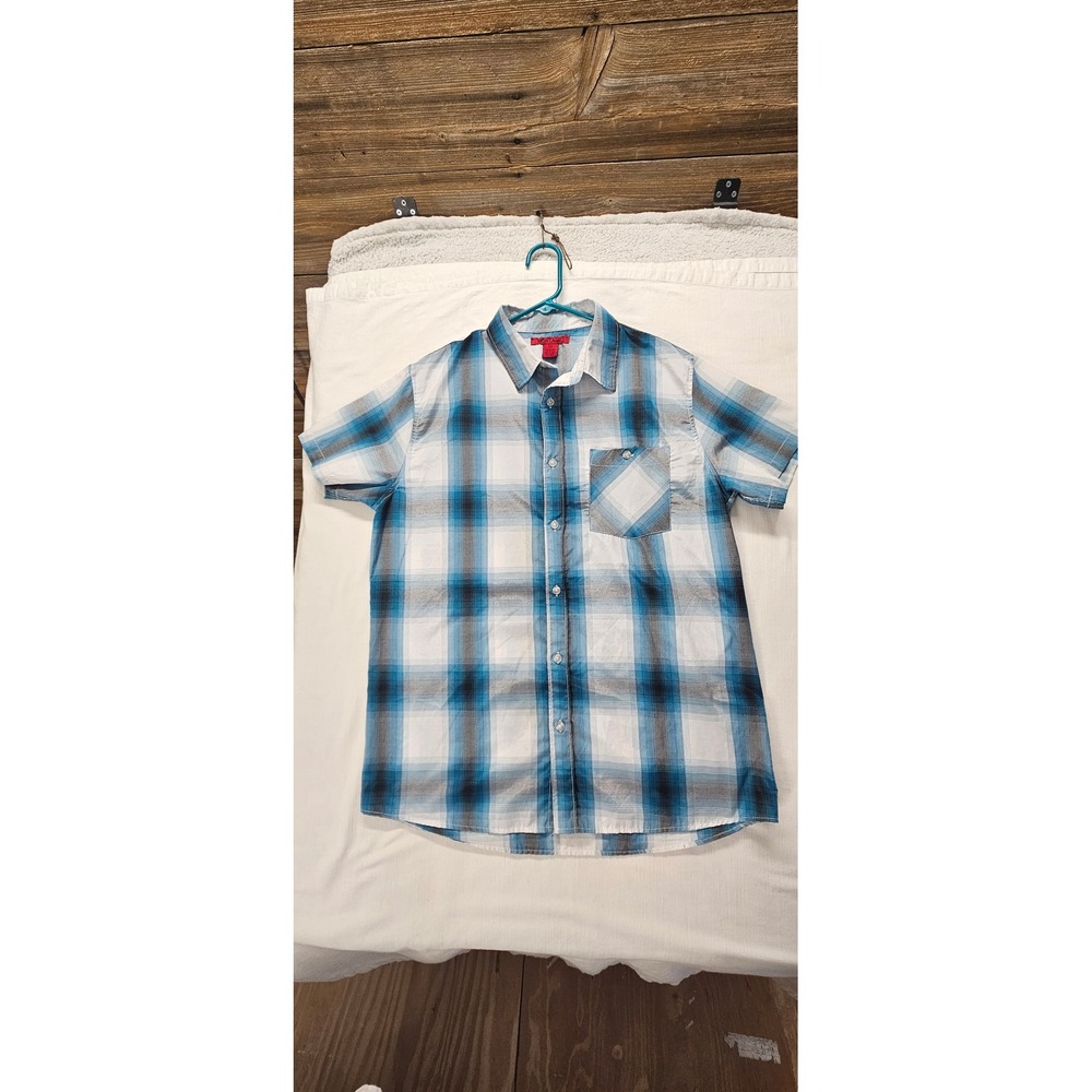 Montage Mens Short Sleeve Plaid Button Down Shirt Blue White Gray Size Large